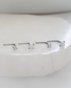 Opal L Bend Nose Stud • 20g • Surgical Steel • 2mm and 3mm Prong Set Blue or White Opal • Delicate Nose Stud • Dainty Stud