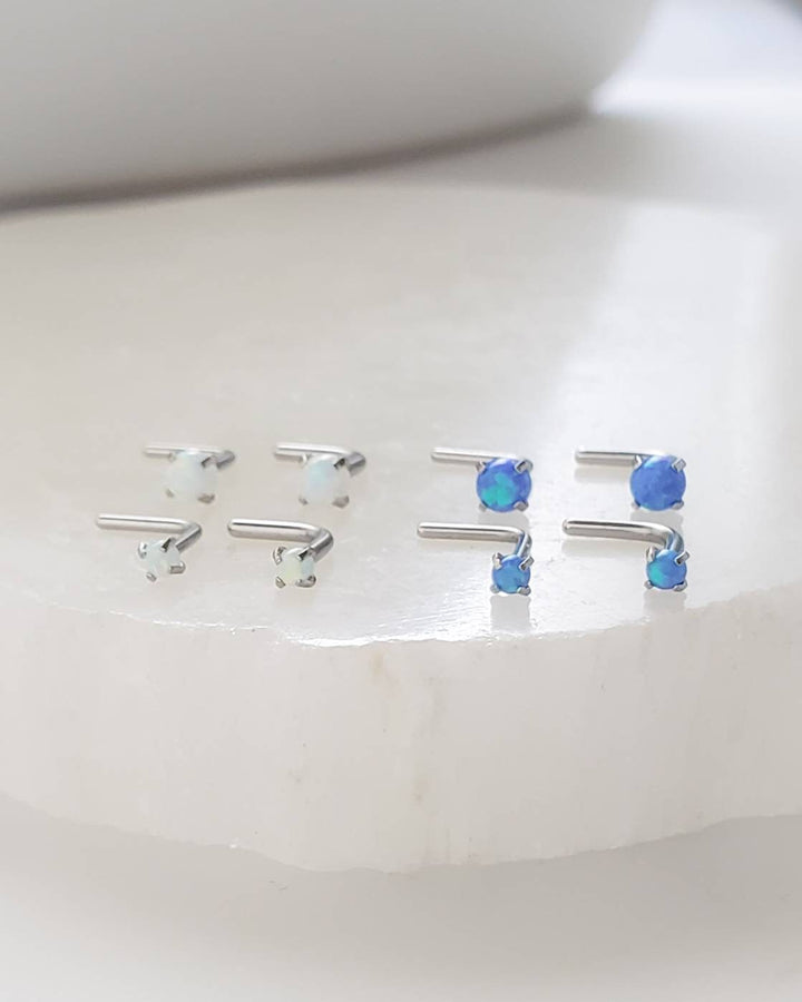 Opal L Bend Nose Stud • 20g • Surgical Steel • 2mm and 3mm Prong Set Blue or White Opal • Delicate Nose Stud • Dainty Stud