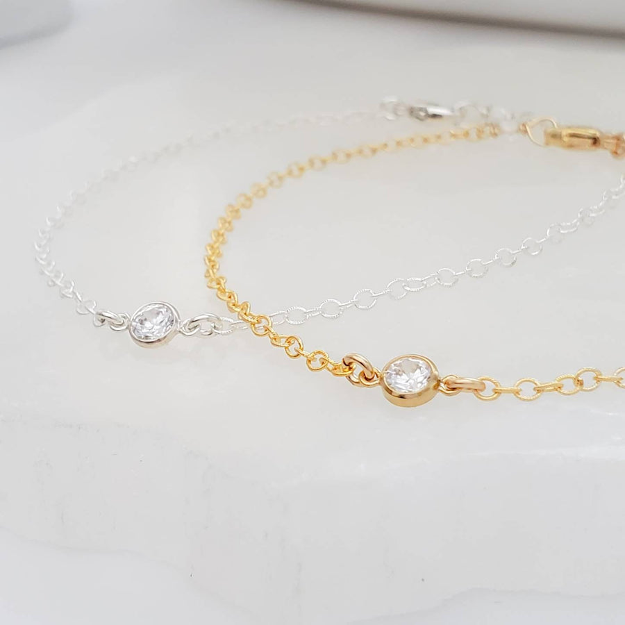 Diamond CZ Bezel Bracelet • Solitaire Bracelet • Layering Bracelet • Delicate Gold & Cubic Zirconia Bracelet • Wedding Jewelry