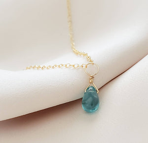 Dainty Apatite Necklace • Smooth Aqua Drop • Delicate Gold Chain • Layering Necklace • Blue Green Teardrop Pendant • Gift