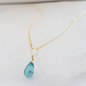 Dainty Apatite Necklace • Smooth Aqua Drop • Delicate Gold Chain • Layering Necklace • Blue Green Teardrop Pendant • Gift