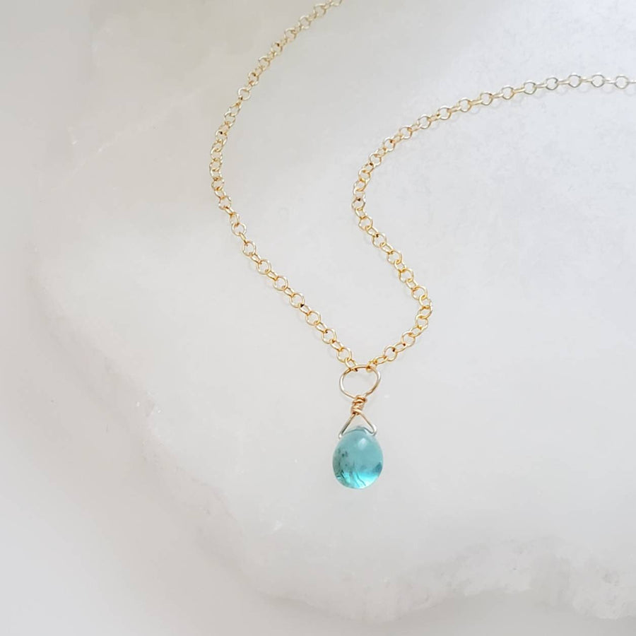 Dainty Apatite Necklace • Smooth Aqua Drop • Delicate Gold Chain • Layering Necklace • Blue Green Teardrop Pendant • Gift