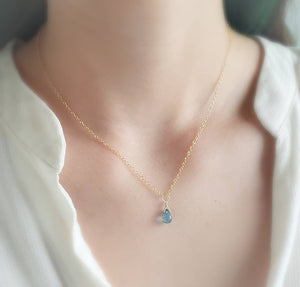 Dainty Apatite Necklace • Smooth Aqua Drop • Delicate Gold Chain • Layering Necklace • Blue Green Teardrop Pendant • Gift