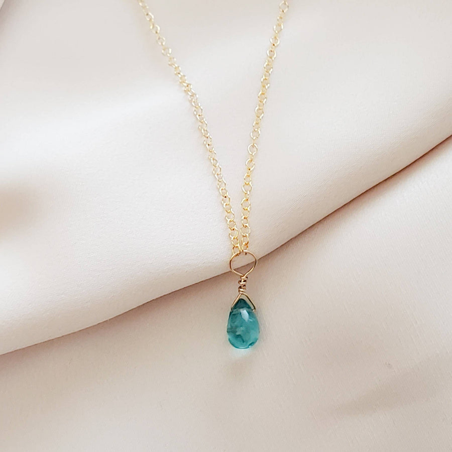 Dainty Apatite Necklace • Smooth Aqua Drop • Delicate Gold Chain • Layering Necklace • Blue Green Teardrop Pendant • Gift