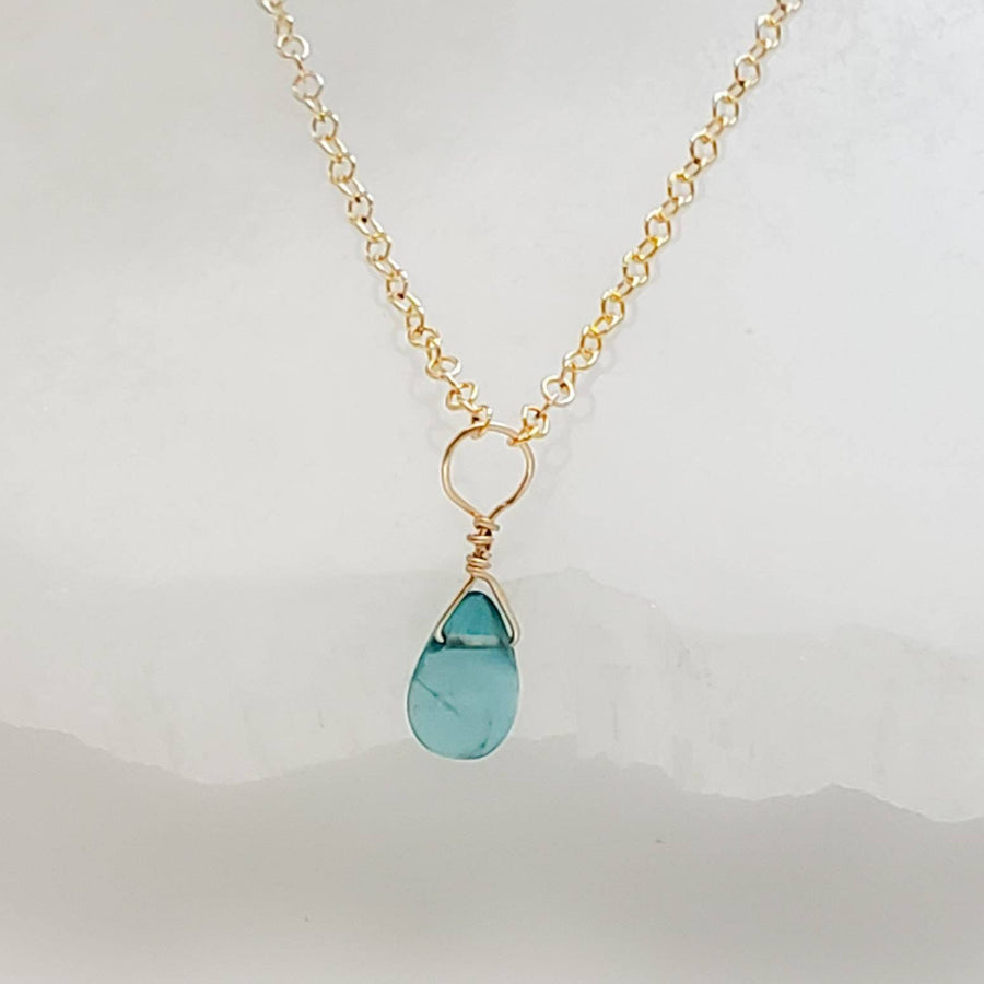 Dainty Apatite Necklace • Smooth Aqua Drop • Delicate Gold Chain • Layering Necklace • Blue Green Teardrop Pendant • Gift