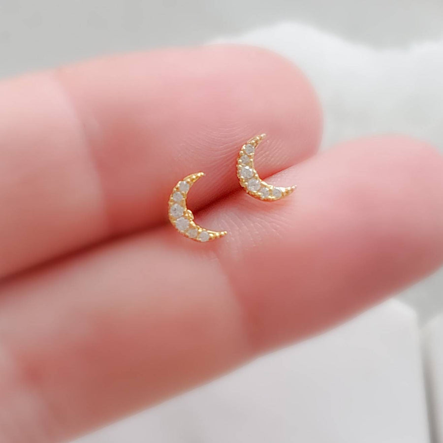 Crystal Pavé Crescent Moon Studs • Tiny Flat Back Earrings • Small Stud Earrings • Crescent Moon Earrings • Screw Back • Body Jewelry • 16g