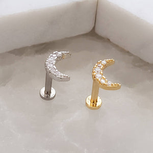 Crystal Pavé Crescent Moon Studs • Tiny Flat Back Earrings • Small Stud Earrings • Crescent Moon Earrings • Screw Back • Body Jewelry • 16g