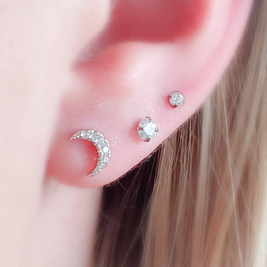 Crystal Pavé Crescent Moon Studs • Tiny Flat Back Earrings • Small Stud Earrings • Crescent Moon Earrings • Screw Back • Body Jewelry • 16g