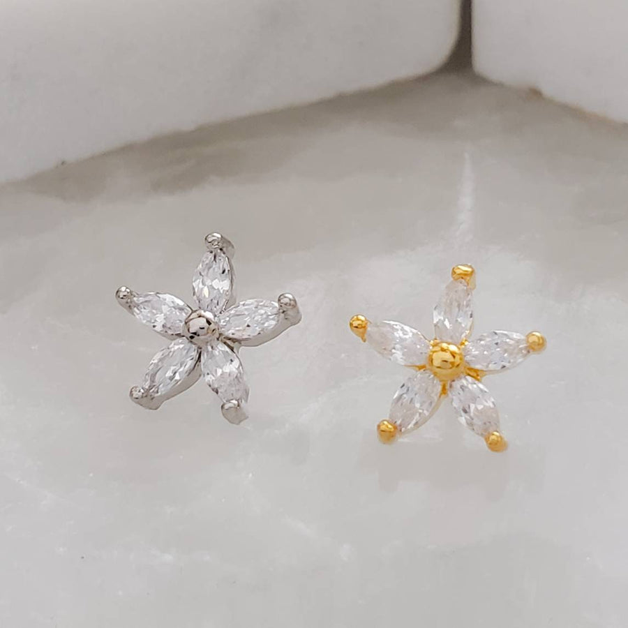 Diamond CZ Flower Stud • Marquise Stones • Internally Threaded Flat Back • Labret • Cartilage • Body Jewelry • 316L Surgical Steel • 16g