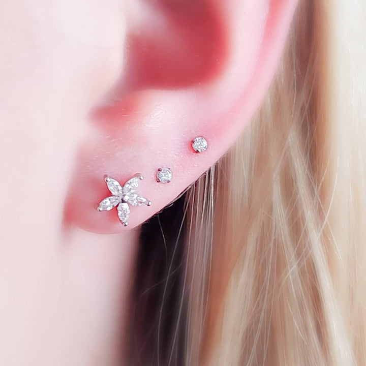 Diamond CZ Flower Stud • Marquise Stones • Internally Threaded Flat Back • Labret • Cartilage • Body Jewelry • 316L Surgical Steel • 16g