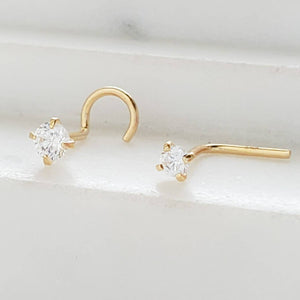 14K Gold and Diamond CZ nose stud shown in screw or L-Bend style, 22 gauge, on a white background by Studio Blue on Etsy