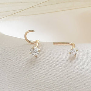 14K Gold and Diamond CZ nose stud shown in screw or L-Bend style, 22 gauge, on an off white background by Studio Blue on Etsy