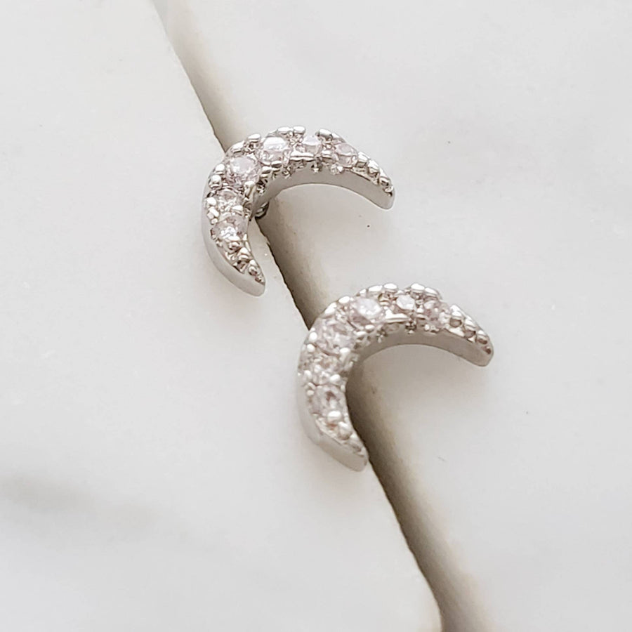 Crystal Pavé Crescent Moon Studs • Tiny Flat Back Earrings • Small Stud Earrings • Crescent Moon Earrings • Screw Back • Body Jewelry • 16g