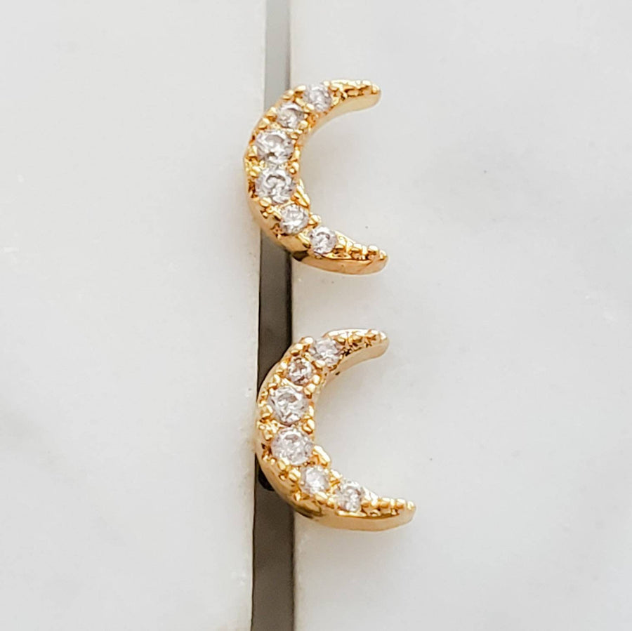 Crystal Pavé Crescent Moon Studs • Tiny Flat Back Earrings • Small Stud Earrings • Crescent Moon Earrings • Screw Back • Body Jewelry • 16g