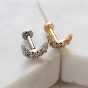 Crystal Pavé Crescent Moon Studs • Tiny Flat Back Earrings • Small Stud Earrings • Crescent Moon Earrings • Screw Back • Body Jewelry • 16g