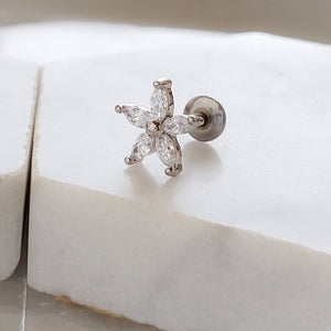 Diamond CZ Flower Stud • Marquise Stones • Internally Threaded Flat Back • Labret • Cartilage • Body Jewelry • 316L Surgical Steel • 16g