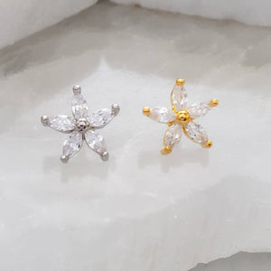 Diamond CZ Flower Stud • Marquise Stones • Internally Threaded Flat Back • Labret • Cartilage • Body Jewelry • 316L Surgical Steel • 16g