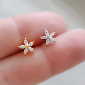 Diamond CZ Flower Stud • Marquise Stones • Internally Threaded Flat Back • Labret • Cartilage • Body Jewelry • 316L Surgical Steel • 16g