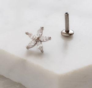 Diamond CZ Flower Stud • Marquise Stones • Internally Threaded Flat Back • Labret • Cartilage • Body Jewelry • 316L Surgical Steel • 16g