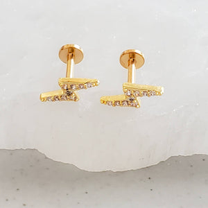 Pavé Lightning Bolts• Flat Back Studs • Srcew Backs • Gold Lightning Bolts • Body Jewelry • Lightning Earrings • Dainty Studs • 16g