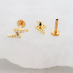 Pavé Lightning Bolts• Flat Back Studs • Srcew Backs • Gold Lightning Bolts • Body Jewelry • Lightning Earrings • Dainty Studs • 16g