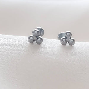 Tiny 3 bead titanium push in flat back stud shown on white background by Studio Blue on Etsy