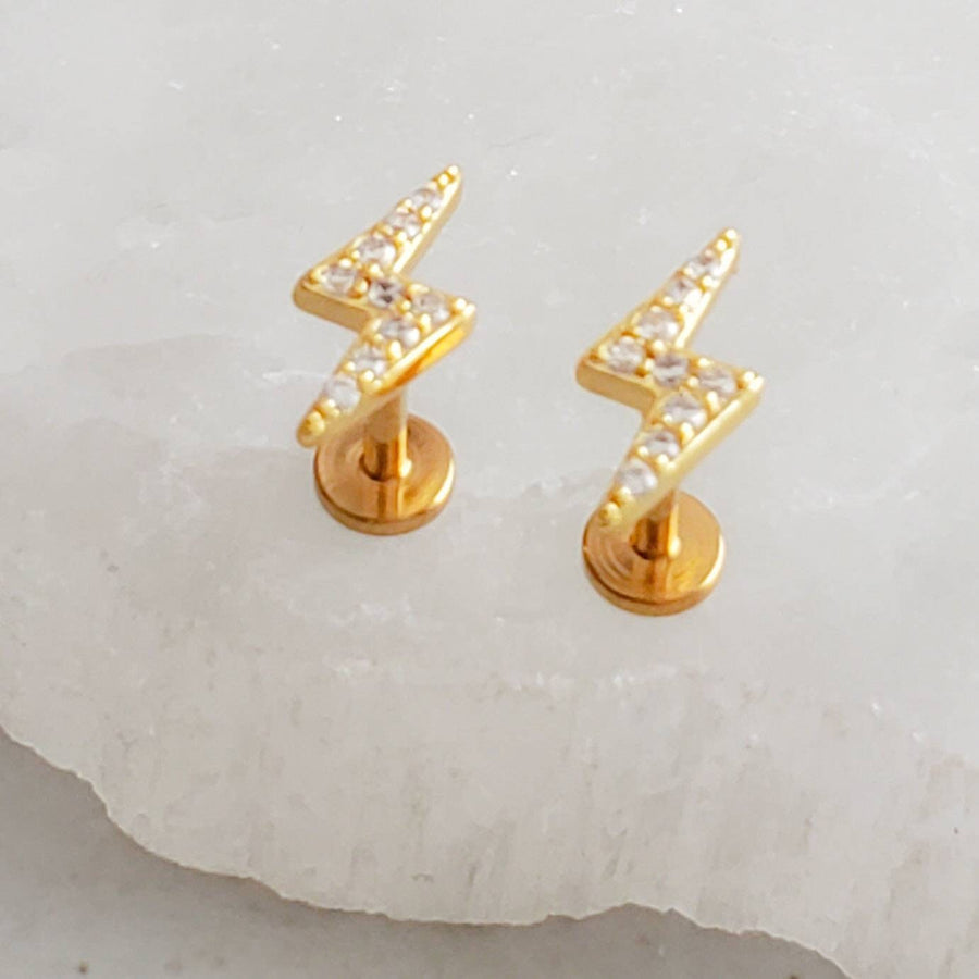 Pavé Lightning Bolts• Flat Back Studs • Srcew Backs • Gold Lightning Bolts • Body Jewelry • Lightning Earrings • Dainty Studs • 16g