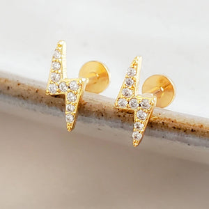 Pavé Lightning Bolts• Flat Back Studs • Srcew Backs • Gold Lightning Bolts • Body Jewelry • Lightning Earrings • Dainty Studs • 16g