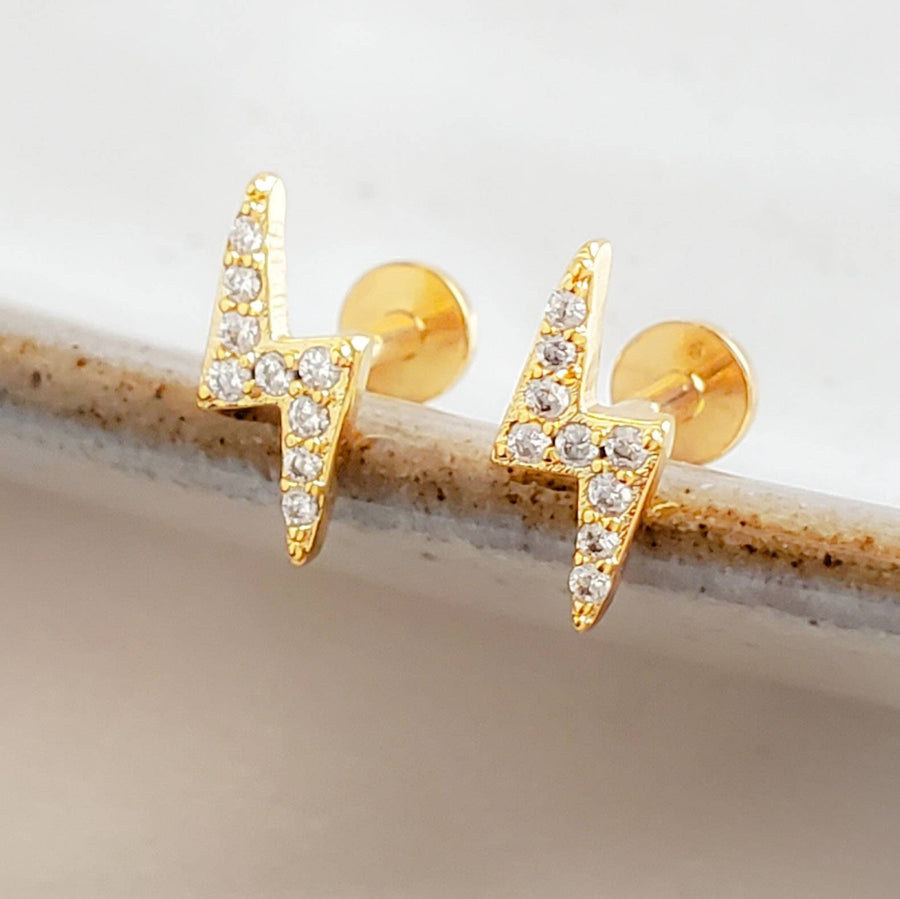 Pavé Lightning Bolts• Flat Back Studs • Srcew Backs • Gold Lightning Bolts • Body Jewelry • Lightning Earrings • Dainty Studs • 16g