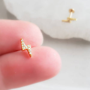 Pavé Lightning Bolts• Flat Back Studs • Srcew Backs • Gold Lightning Bolts • Body Jewelry • Lightning Earrings • Dainty Studs • 16g