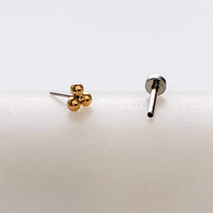 Tiny 3 bead titanium push in flat back stud shown 14K Gold Plate on white background by Studio Blue on Etsy