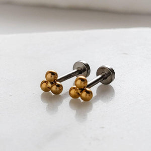 Tiny 3 bead titanium push in flat back stud shown 14K Gold Plate on white background by Studio Blue on Etsy