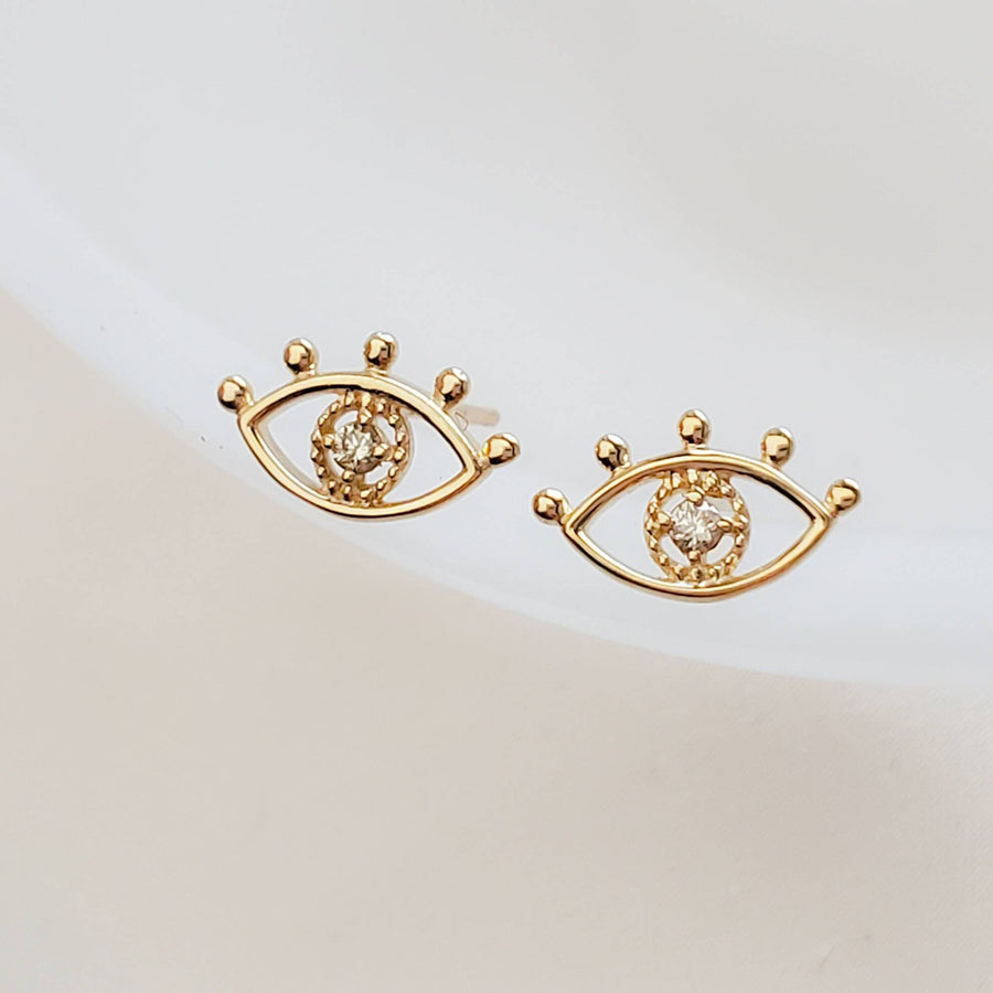 14k Gold & Genuine Diamond Evil Eye Studs.