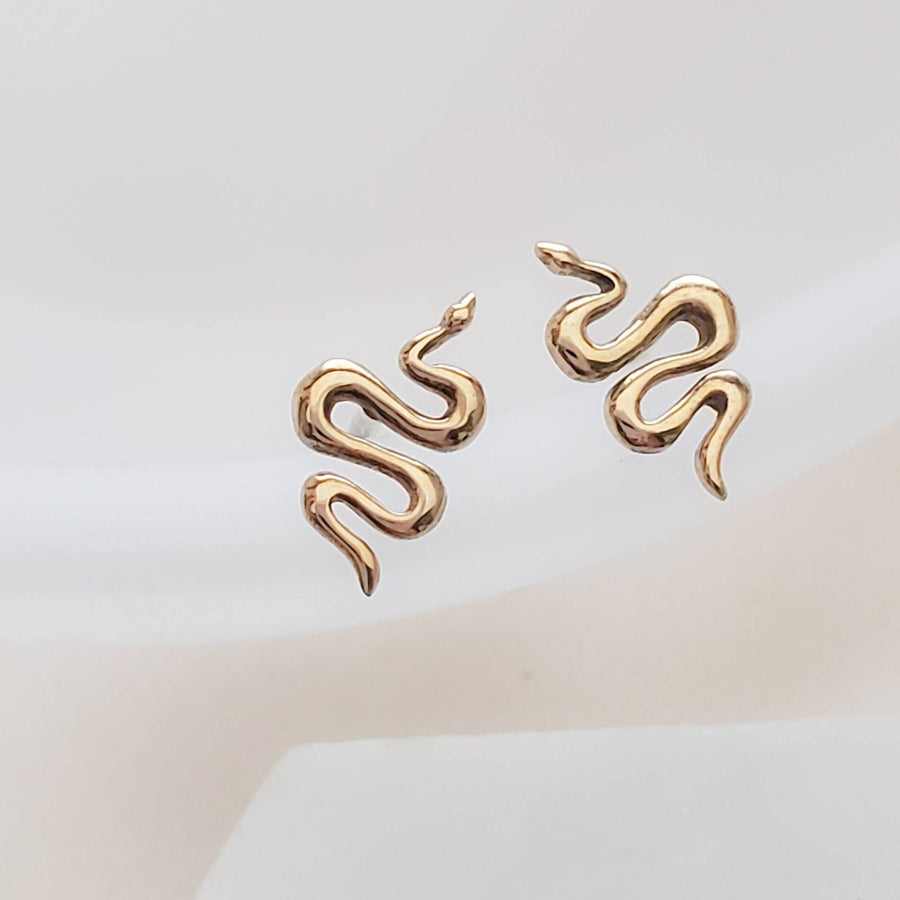 Teeny tiny Snake Studs in Bronze and Sterling silver on white background by Studio Blue on Etsy