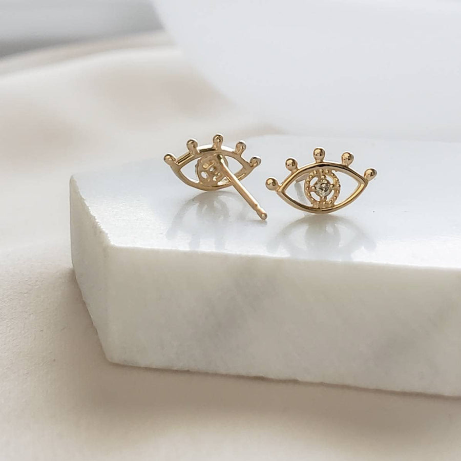 14k Gold & Genuine Diamond Evil Eye Studs.