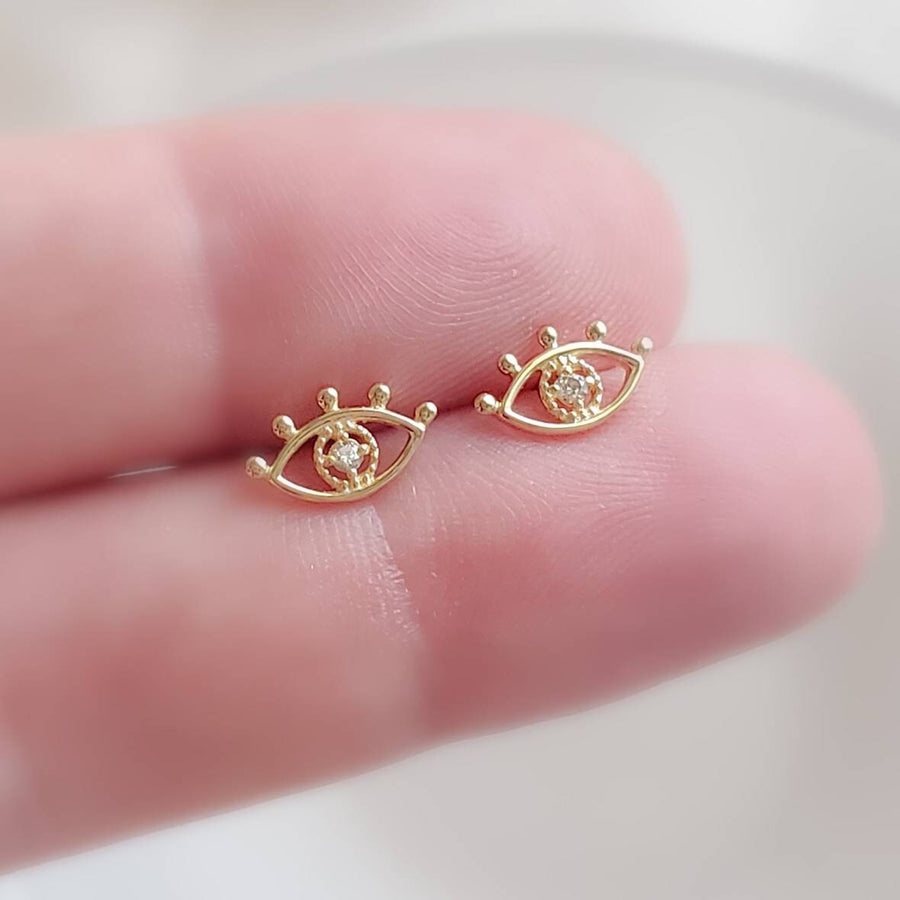 14k Gold & Genuine Diamond Evil Eye Studs.