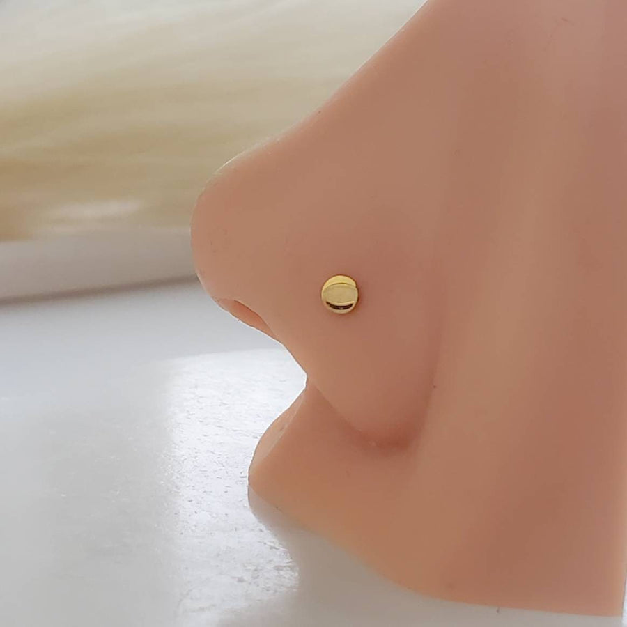 Little Dot Nose Stud • L Bend Nose Stud • 20 Gauge Nose Jewelry • 14k Yellow Gold Plated • Minimalist Style • Flat Disc • Circle