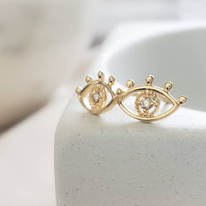 14k Gold & Genuine Diamond Evil Eye Studs.