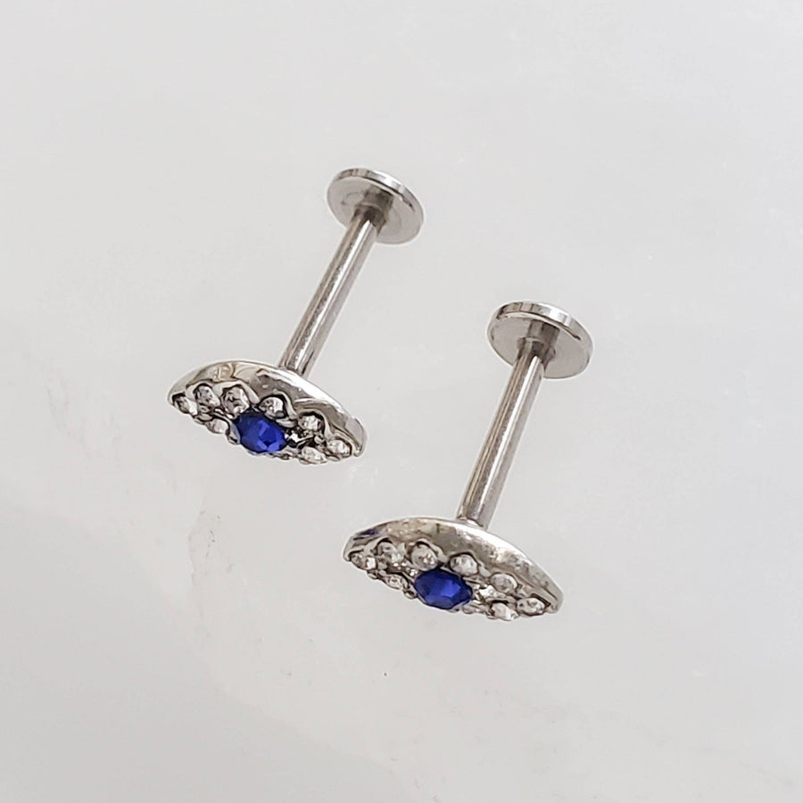 Evil Eye Flat Back Studs • Screw In Ball Back OR Flat Back Earrings • Body Jewelry • 316L Surgical Steel • Crystal Gems • Comfort Stud • 18G