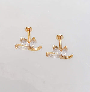 Pair of 3 leaf vine stud in diamond cz, 14k gold plated surgical steel on white background by Studio Blue on Etsy