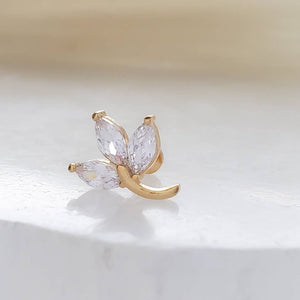 3 leaf vine stud in diamond cz, 14k gold plated surgical steel on white background by Studio Blue on Etsy