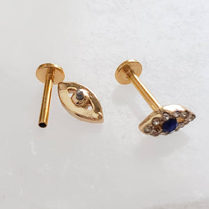 Evil Eye Flat Back Studs • Screw In Ball Back OR Flat Back Earrings • Body Jewelry • 316L Surgical Steel • Crystal Gems • Comfort Stud • 18G