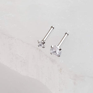 Tiny CZ Nose Bone in 316L Surgical Steel, 20 gauge 2mm & 3mm side by side on white background, by Studio Blue on Etsy