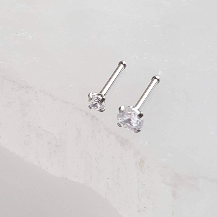 Tiny CZ Nose Bone in 316L Surgical Steel, 20 gauge 2mm & 3mm side by side on white background, by Studio Blue on Etsy