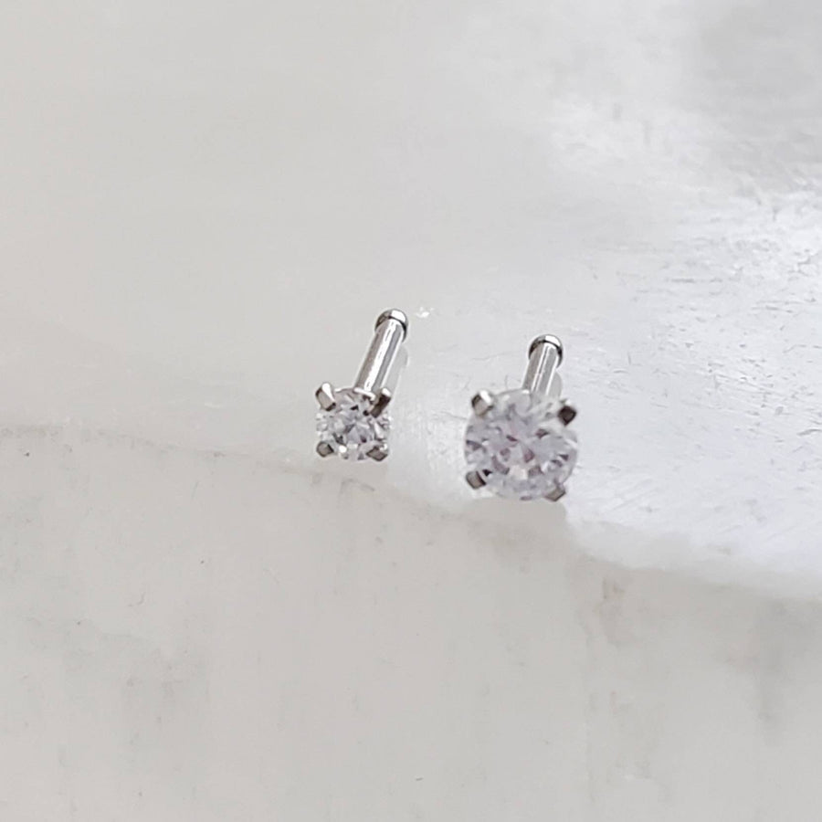 Tiny CZ Nose Bone in 316L Surgical Steel, 20 gauge 2mm & 3mm side by side on white background, by Studio Blue on Etsy