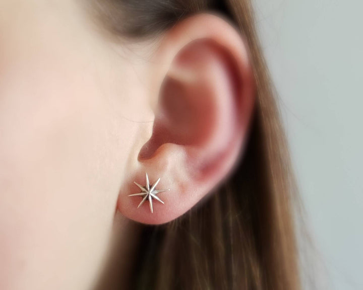 Starburst Studs • Silver Stars • Star Studs • Sterling Post Earrings • Faceted Starburst Earrings • Eight Pointed Star • Delicate Studs