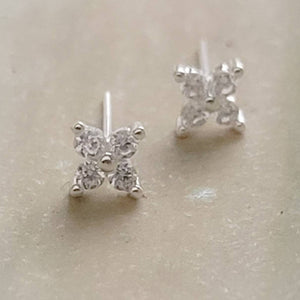 Dainty stud earrings with 4 tiny round diamond CZs bead set in Sterling Silver