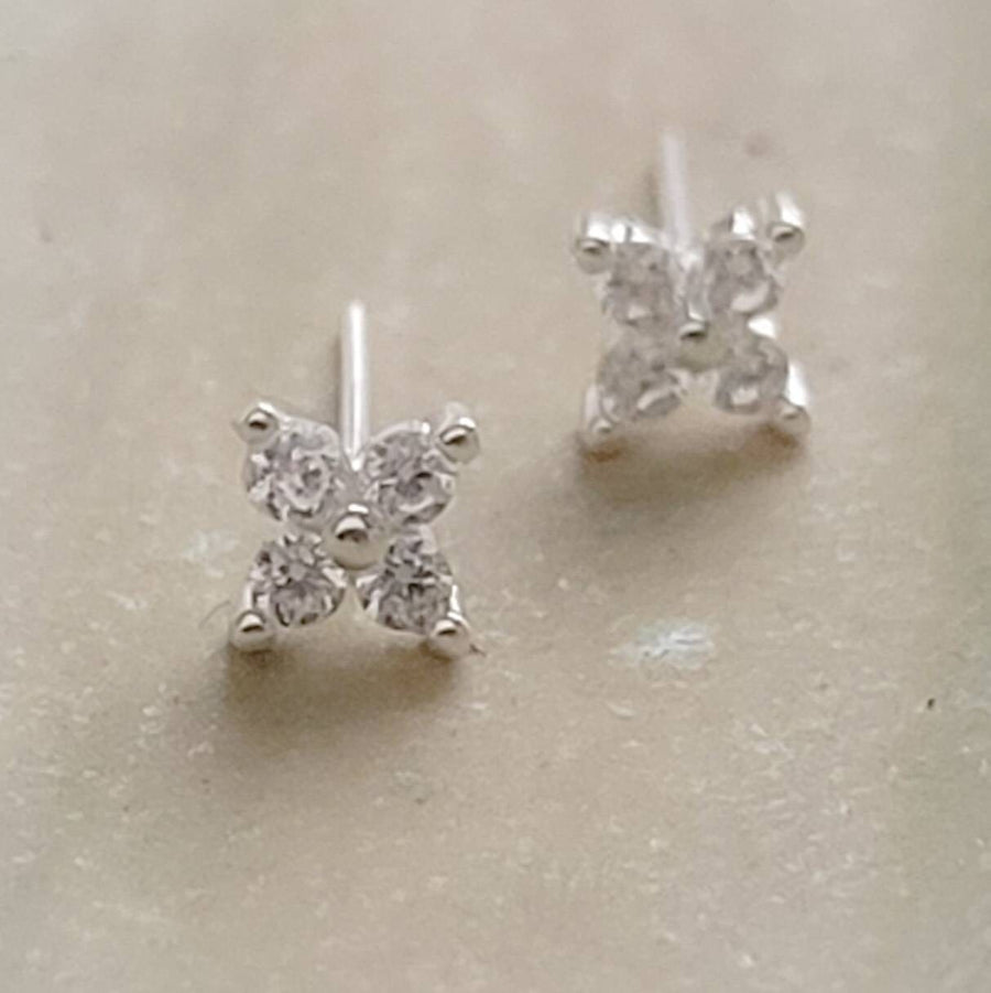 Dainty stud earrings with 4 tiny round diamond CZs bead set in Sterling Silver