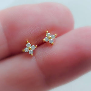 Dainty stud earrings with 4 tiny round diamond CZs bead set in 14k gold vermeil