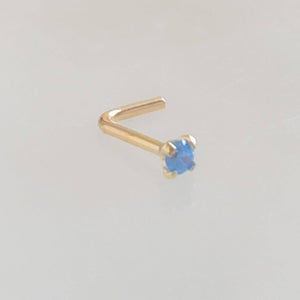 14k Gold & Aqua CZ Diamond Nose Stud • L-Bend Nose Stud • 20 Gauge • 14 Karat Gold • Minimalist Body Jewelry • Blue Stone • Prong Set